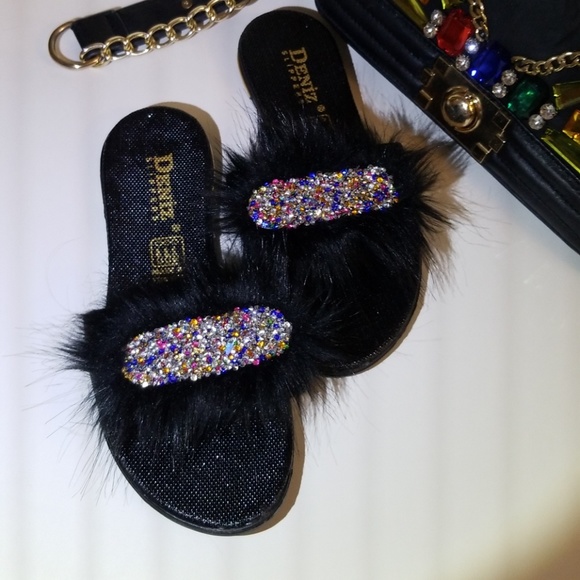 Fur slippers sliders sandals shoes glitter black! - Picture 4 of 4